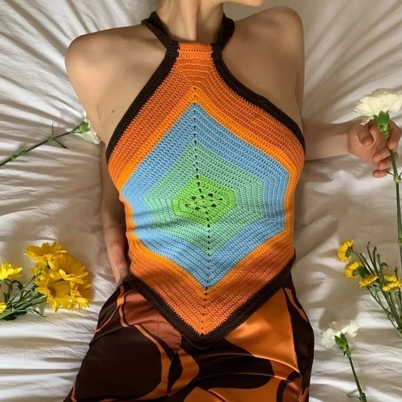 House Of Sunny Top Old Town Handkerchief Knit Halter Open-Back Retro Multi 8 GUC